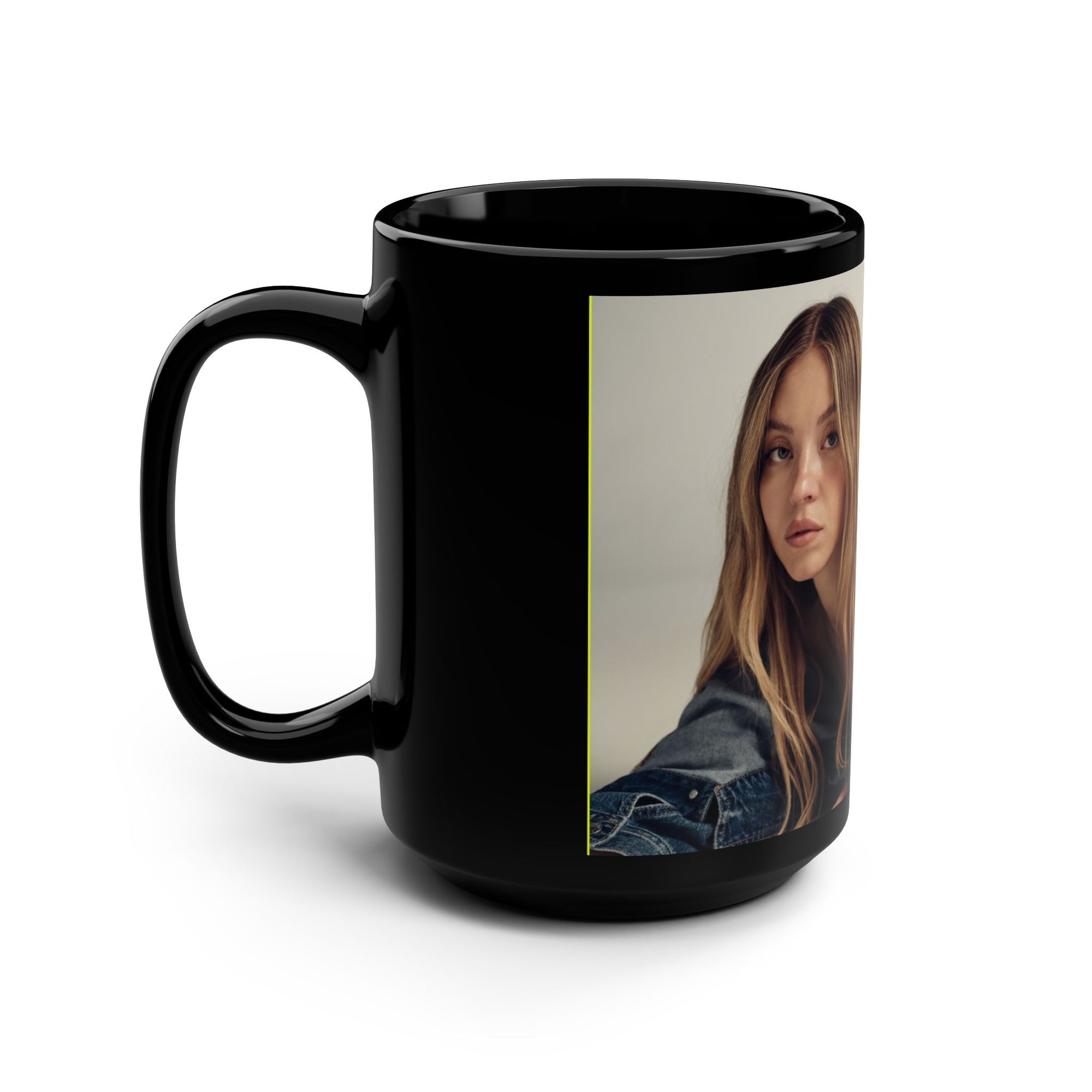 Sydney Sweeney Has Good Jeans Black Mug, 15oz Sydney Sweeney Coffee Mug
