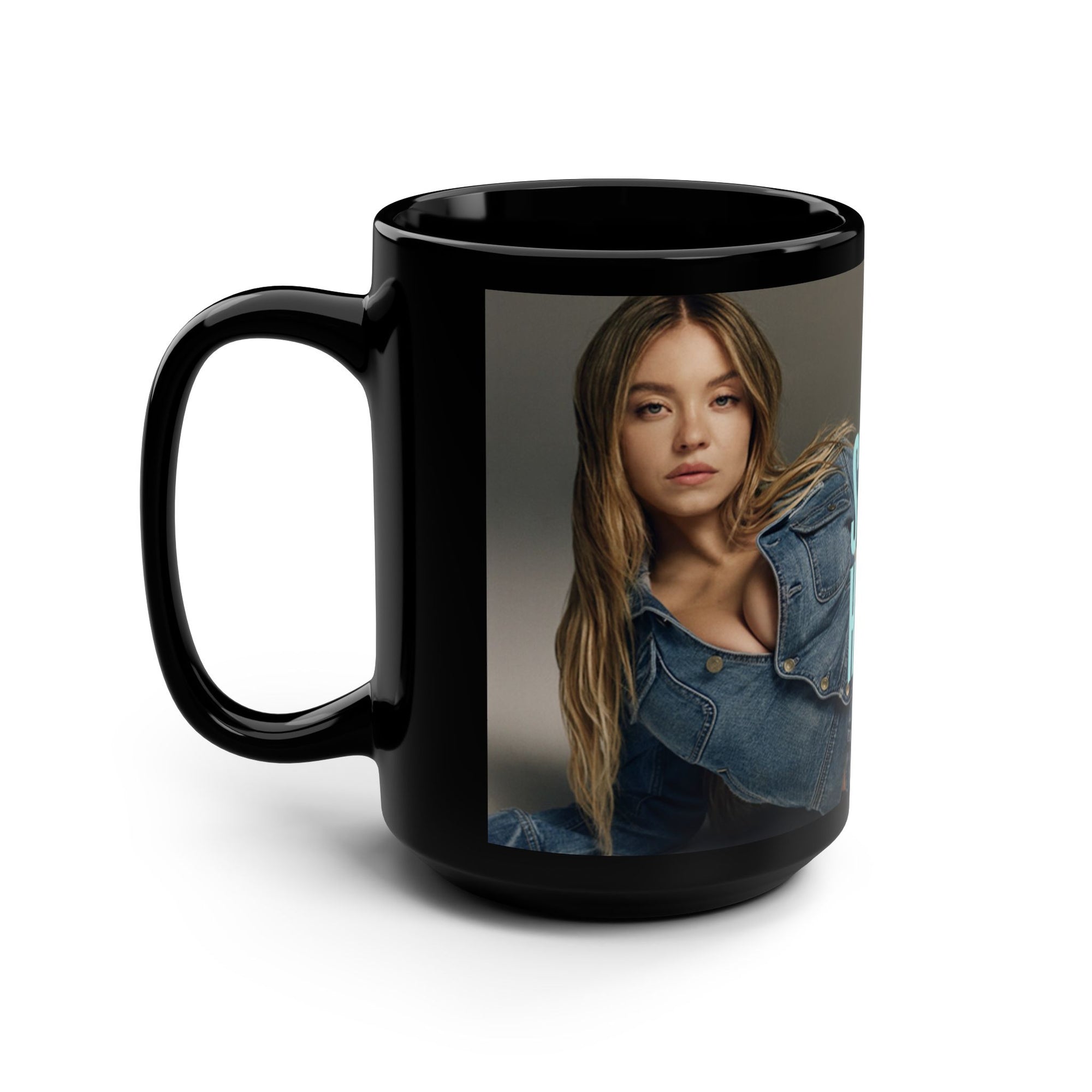Sydney Sweeney Has Good Jeans Black Mug, 15oz Sydney Sweeney Coffee Mug