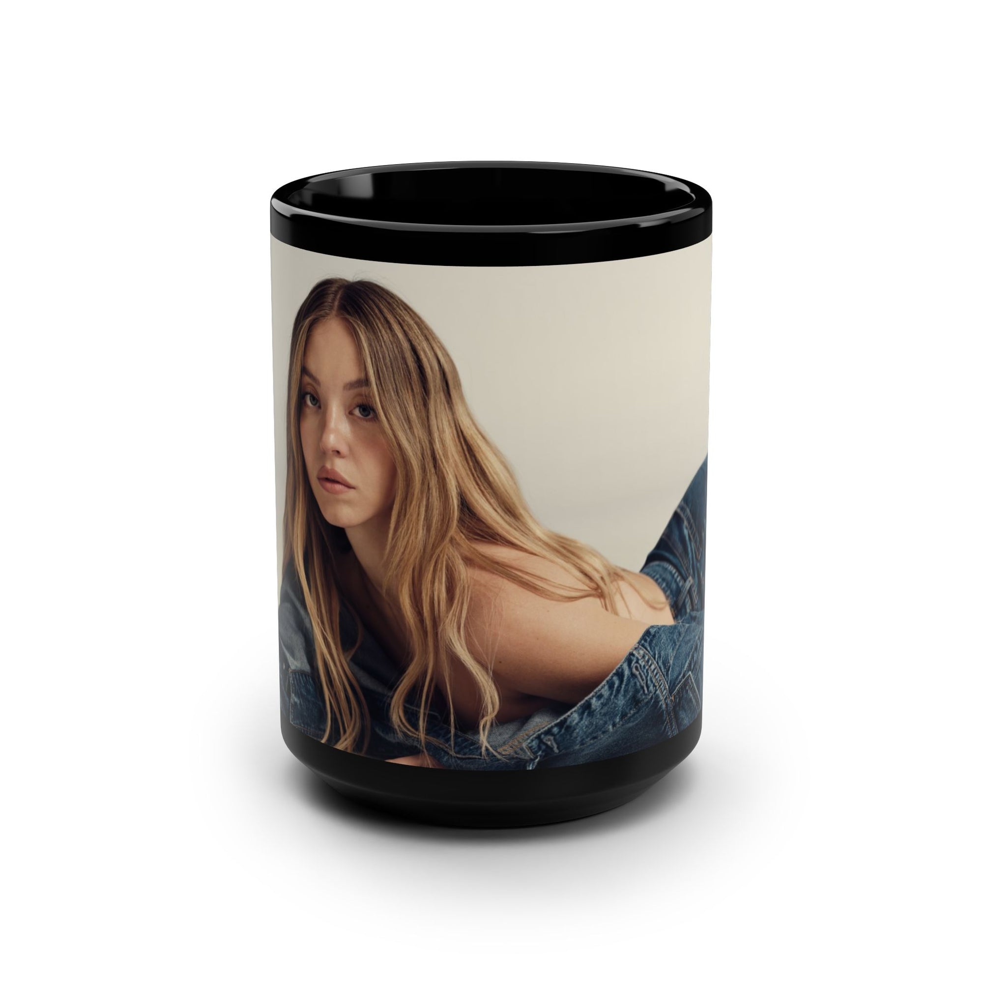 Sydney Sweeney Has Good Jeans Black Mug, 15oz Sydney Sweeney Coffee Mug